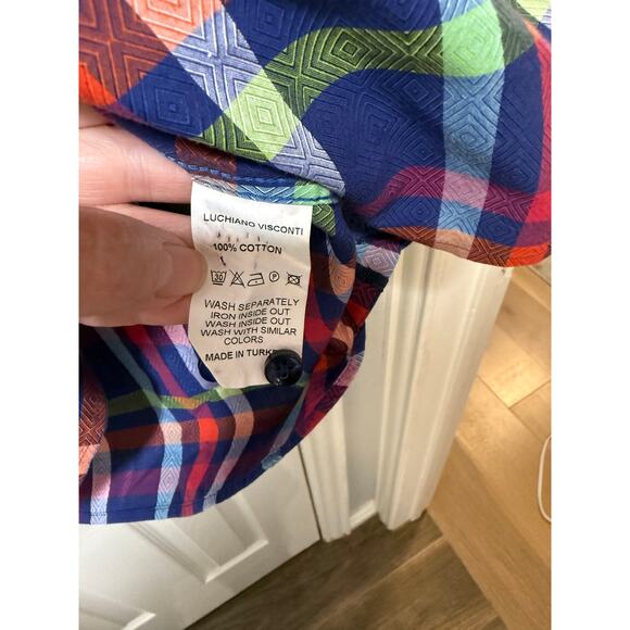 Luciano Visconti XXL Button-Up Shirt Flip Cuff Multicolor Plaid Bold Casual - Picture 5 of 7